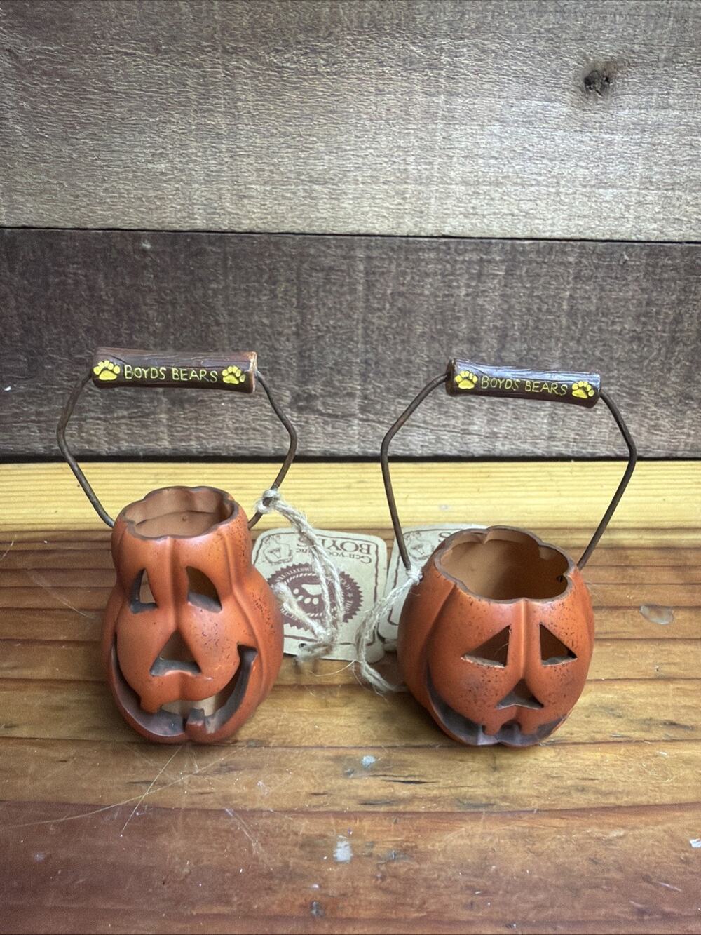Boyds Bears 2 Mini Jack-o'-Lantern Ornament Halloween Pumpkin Pail w/ Handle